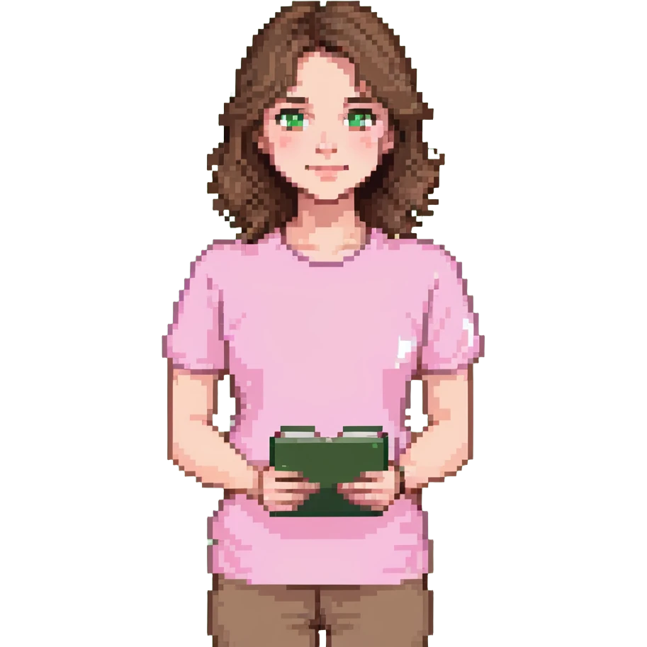 teacher with brown hair, white skin, wearing a pink t-shirt emoji