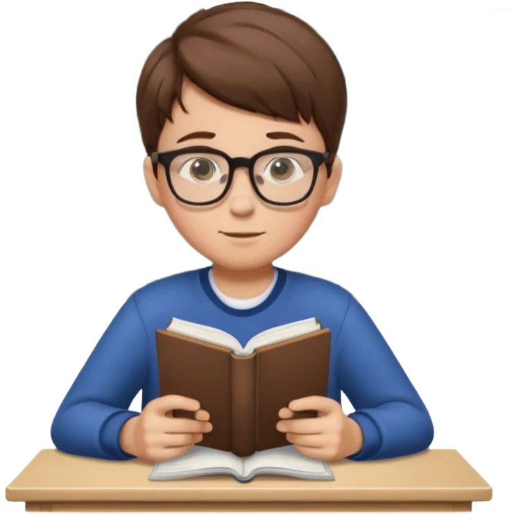 Boy with glasses sitting at school reading with his back to the camera emoji