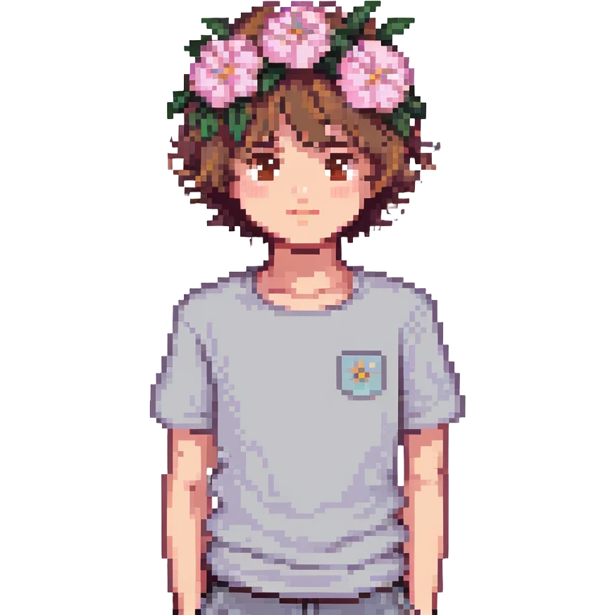 a boy with fluffy, wavy short hair and brown eyes, wearing a light grey t-shirt and a light pink flower on his head, pixel art style emoji