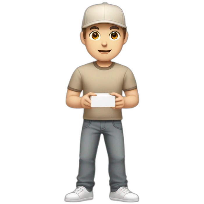 Pale skinned fit Man with dark brown hair in a beige cap, gray jeans, brown polo and white T-shirt keeping a pasted with tape white box into his hands emoji