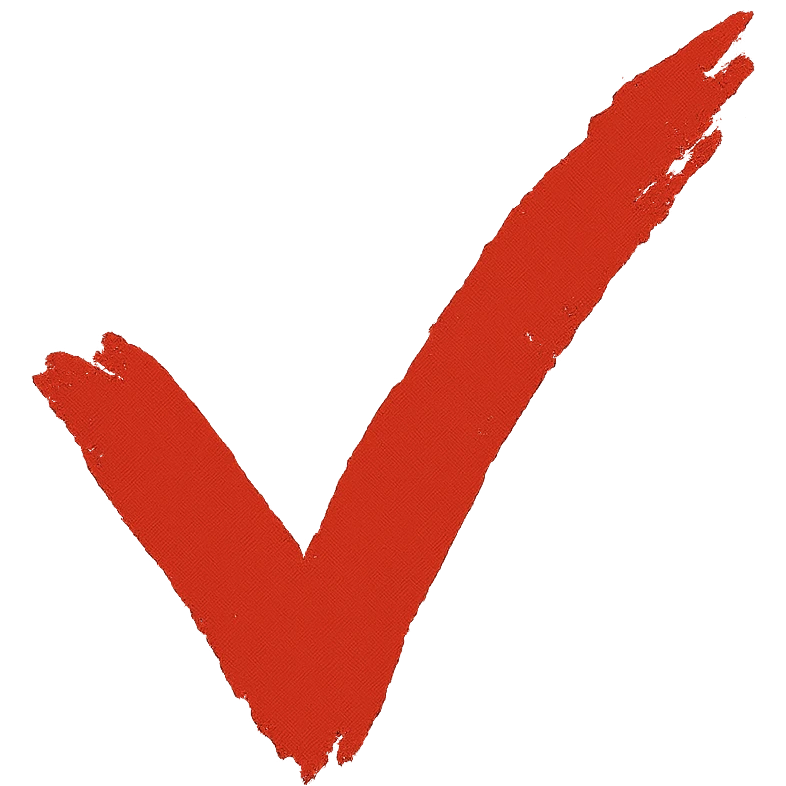 checkmark as a marker for "yes" in text, torn brush stroke style, same thickness and style as the cross, eastern calligraphy, red color, no background, 512x512px emoji