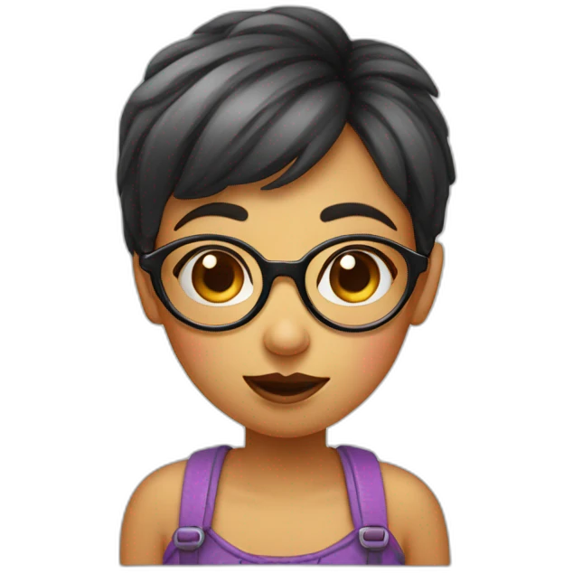 A girl with short hair with a big triangular nose, big eyes and spectacles. She is winking and blowing a kiss. emoji