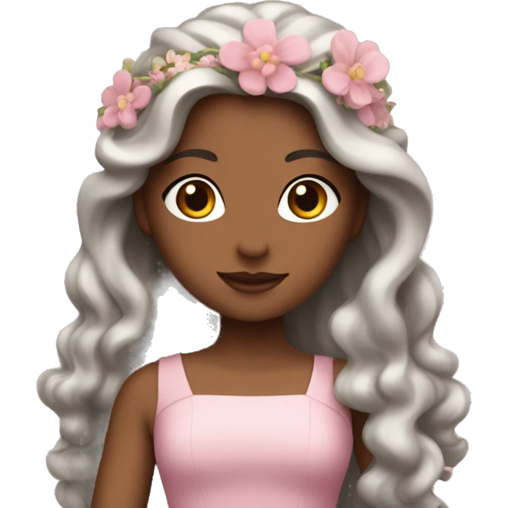 White princess with slightly wavy brown hair, a long flowy pink dress and flowers in her hair emoji