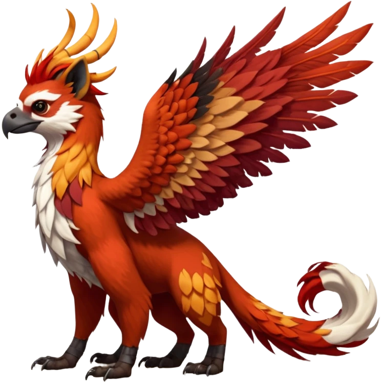 4-legged realistic digitigrade scaly winged long-big-beaked Gryphon-Griffin-Griffsnuff-Talonflame-Silvally-Braviary-Red-Panda-fusion-hybrid-animal-Fakémon-creature, full body, with a long thin tufted lion-tail, long tufted winged feathery ears emoji