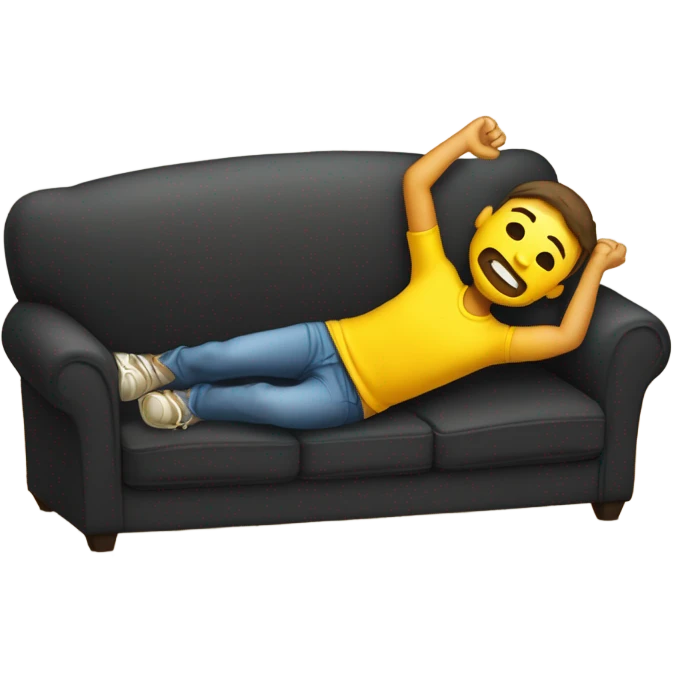 A person lying on a sofa, one leg crossed over the other, with hands behind the head, relaxing in a cozy setting, yellow emoji color skin, black t-shirt emoji