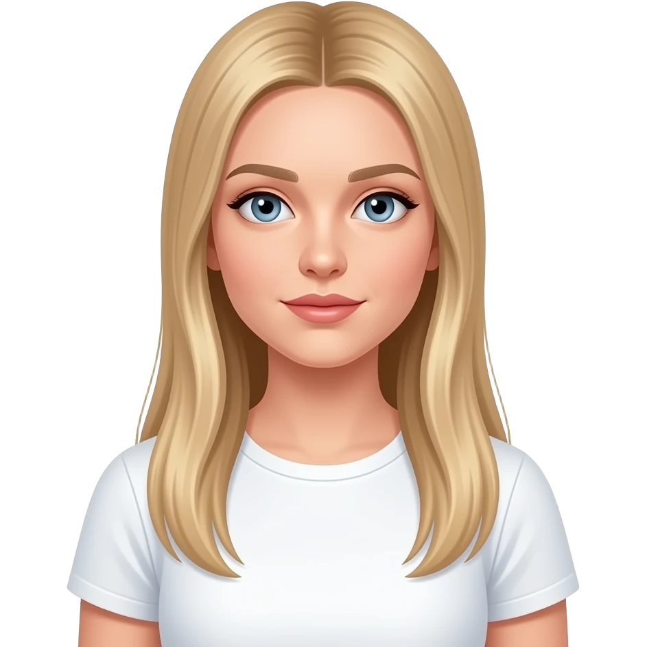 bella ragazza russa bionda capelli lisci lunghi e occhi chiari, con maglietta bianca con espressione neutra emoji