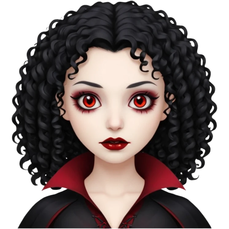 cabelos cacheados pretos, corte em camadas, pele pálida, olhos vermelhos escuros, vampiro, sexo feminino emoji