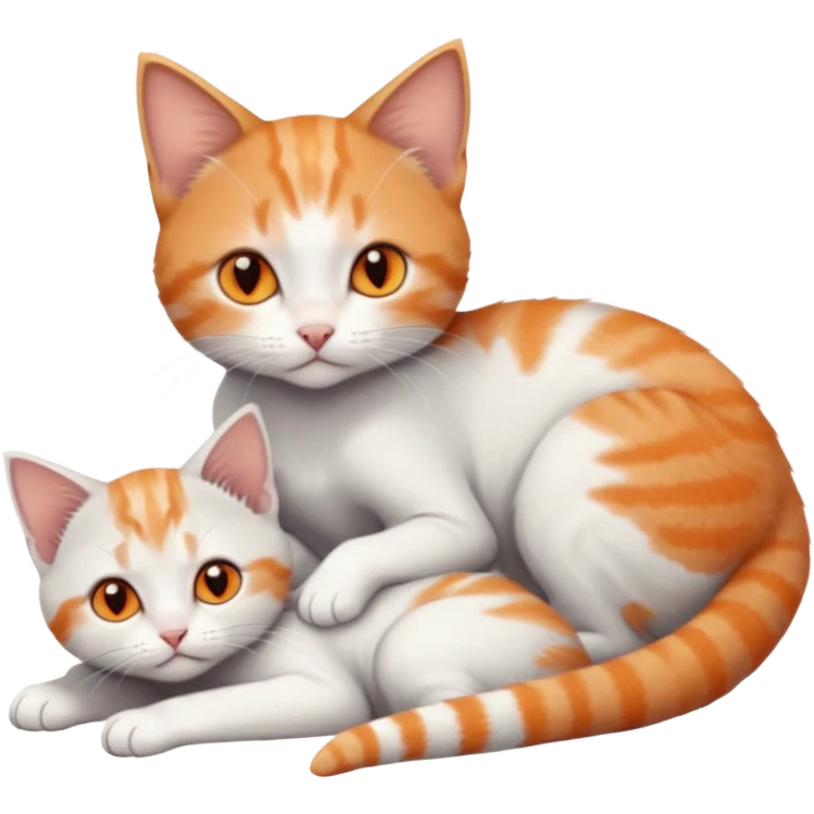 full body of very small + skinny ginger and white kitten with deep orange eyes and triangular shaped face lying down cuddling a grey and white kitten who is a bit bigger than him emoji