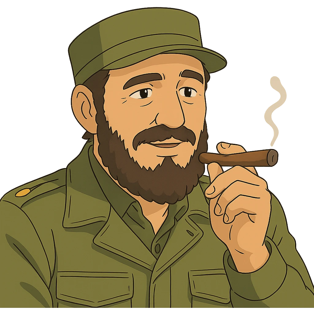 ghibli style illustration of Fidel Castro with a cigar emoji