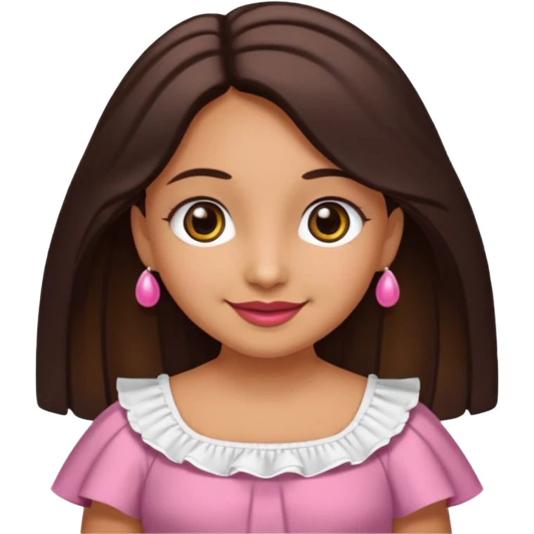 Gordita, ojos pequeños de color cafe oscuro, labios pequeños y rosados, piel trigueña, orejas pequeñas, cabello largo lazio y negro, pequeña. cuerpo completo emoji