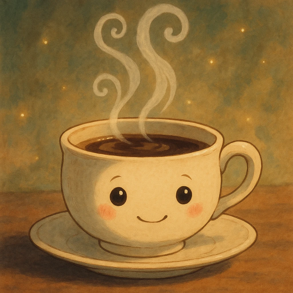 a whimsical teacup with a tiny face and steam, ghibli style emoji