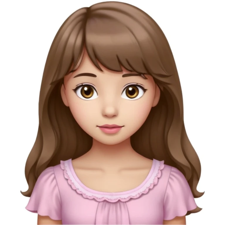A teenage cute girl with very light olive skin and soft pinkish cheeks. Large bambie dark hazel eyes. Long wavy light brown hair with soft bangs. Features are very feminine and beautiful. medium straight nose with a soft tip. Medium natural pink lips. Wearing a simple dress in pink and white.  emoji
