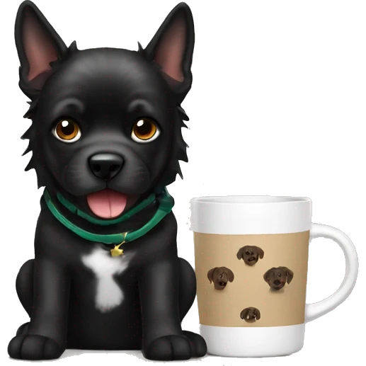 black shpitz dog with starbacks mug emoji