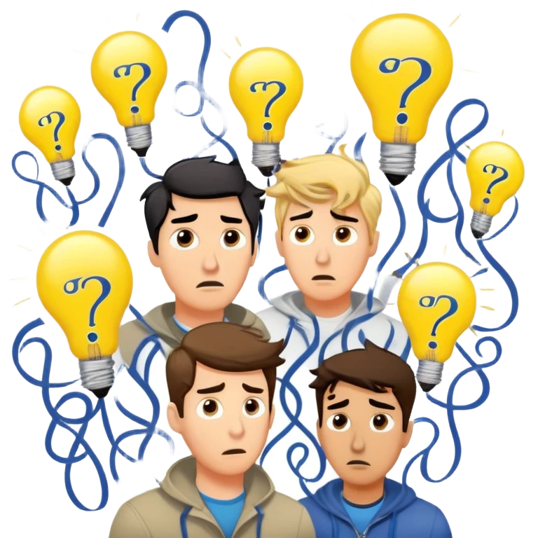 Group of men with chaotic minds, swirling tornadoes of tangled thoughts around their heads, containing question marks, light bulbs, and scribbles. The men have bewildered, overwhelmed expressions. emoji