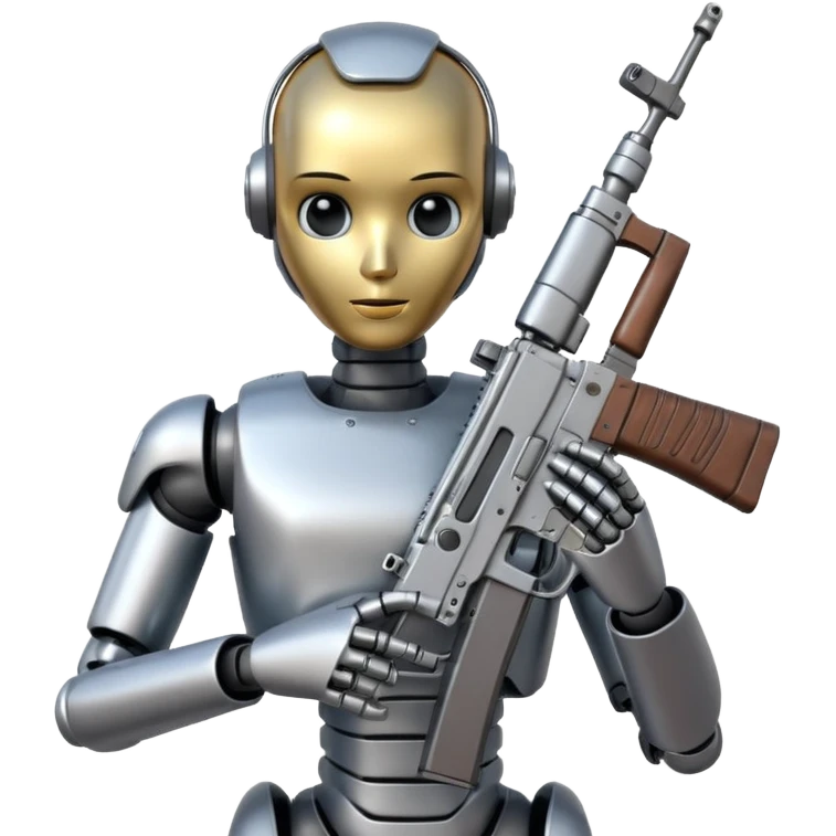 An AI humanoid robot looking smart and holding an AK-47 emoji