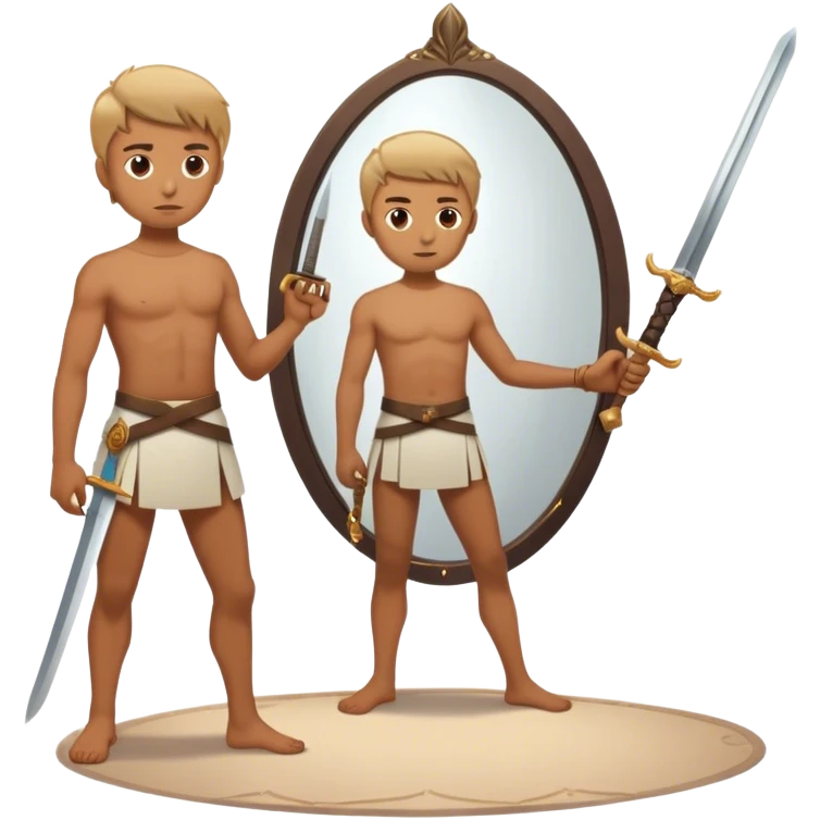 A person standing in front of a mirror, looking, while a sword on the floor. The mirror represents self-awareness and acceptance emoji