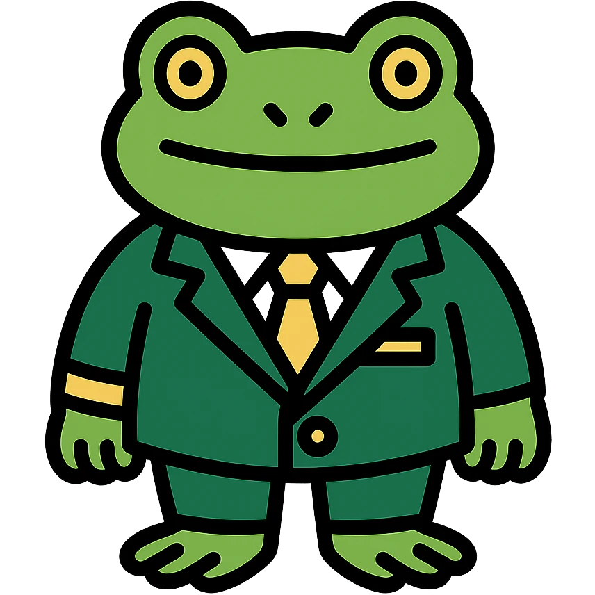 cartoon frog in a sharp green suit with gold accessories emoji