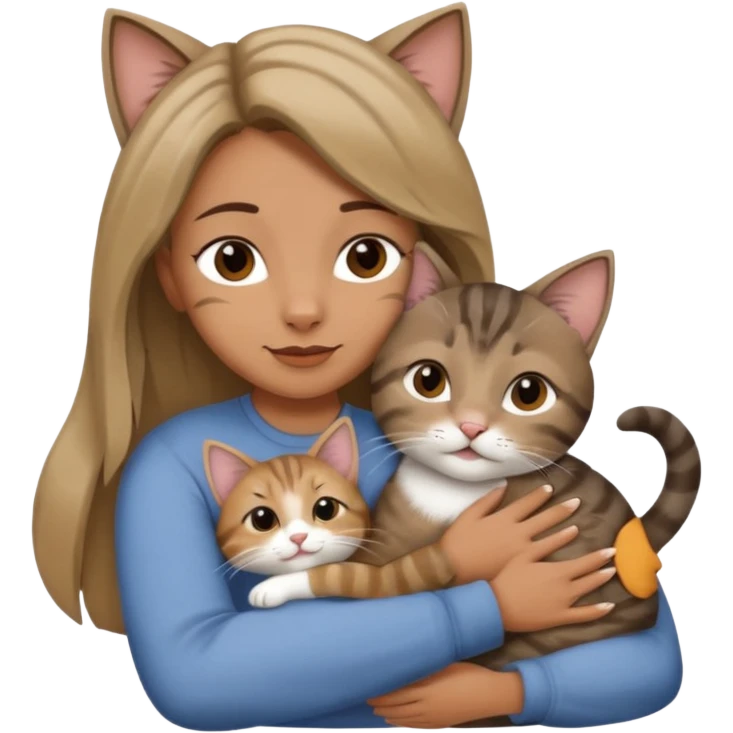 Une femme avec les cheveux dégradée, brun et blond, qui fait un câlin à son chat gris, tigré avec les extrémités que pattes pointe d’oreilles noires et le dessous du menton blanc  emoji