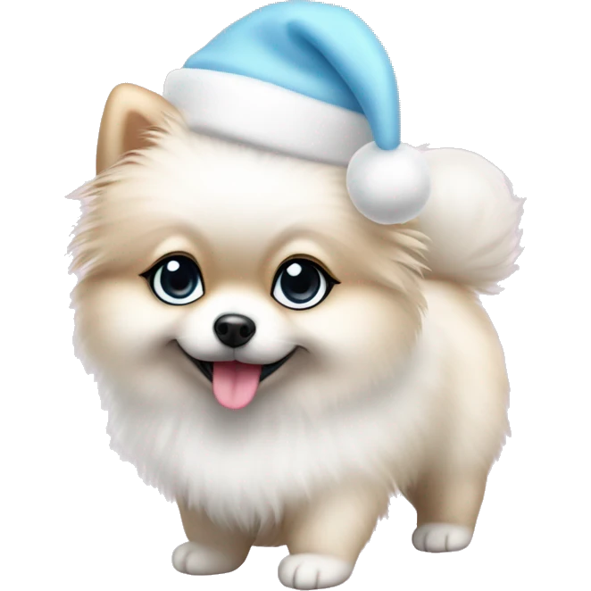 white pomeranian puppy full body light blue eyes pink christmas hat on emoji
