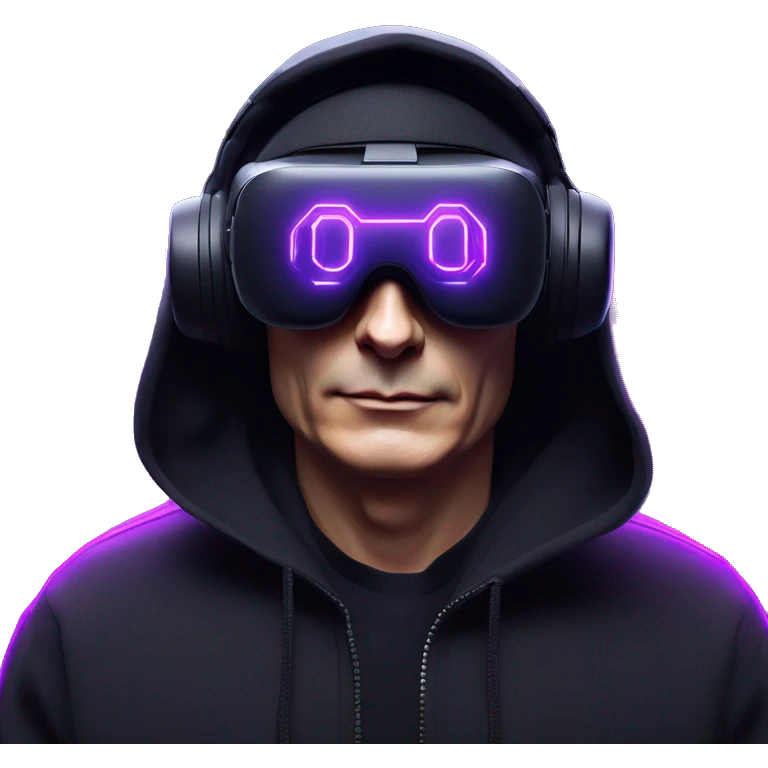 Vladimir Putin wearing a black hoodie with "OMG" letters on it and VR headset oculus quest 2 in a cyberpunk VR environment with violet neon lighting. emoji