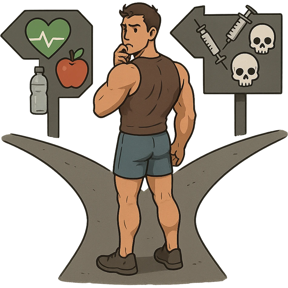 muscular young man standing at a crossroads with one road showing health symbols and the other showing risk symbols like syringes and skulls, indecisive expression, isolated on white background emoji