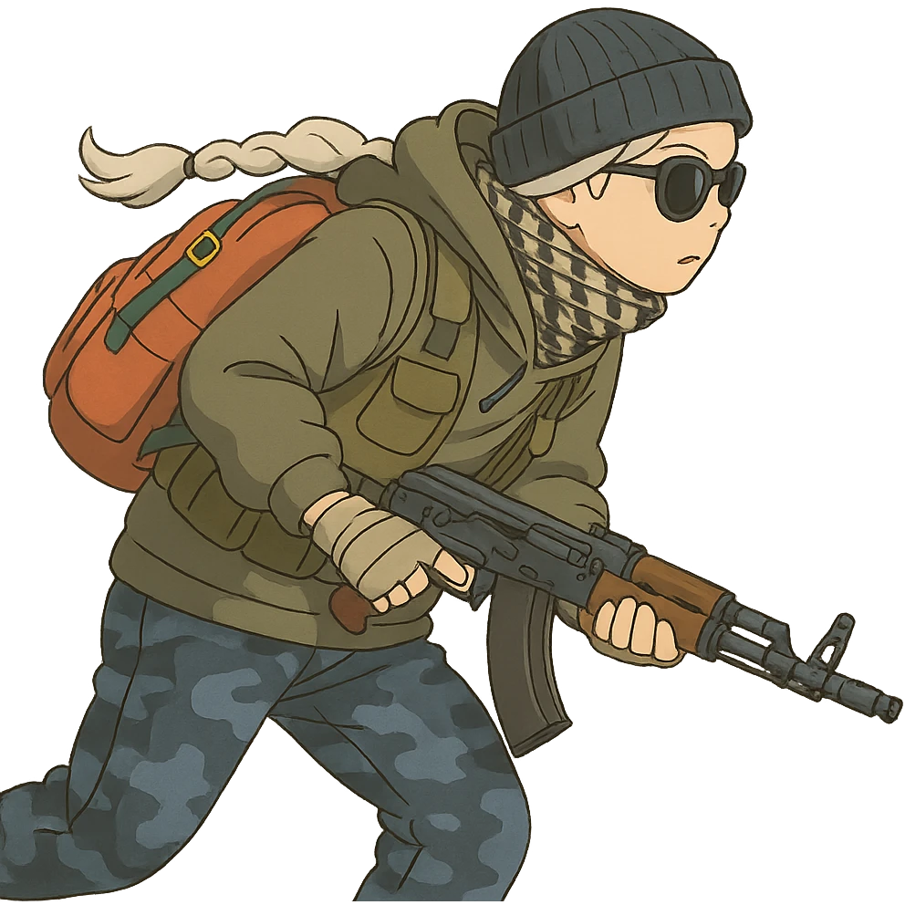 1 female, long white braid, knit cap, dark sunglasses, shemegh neckwrap, fishing vest, vibrant shool backpack, drab hoodie, handwraps, blue camo pants, AKS-74U, hunched over, on the move emoji