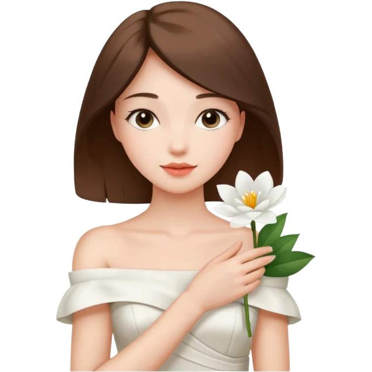 Pretty lady wearing a white silky off-the-shoulder folded neckline and holding a white flower on her right hand emoji