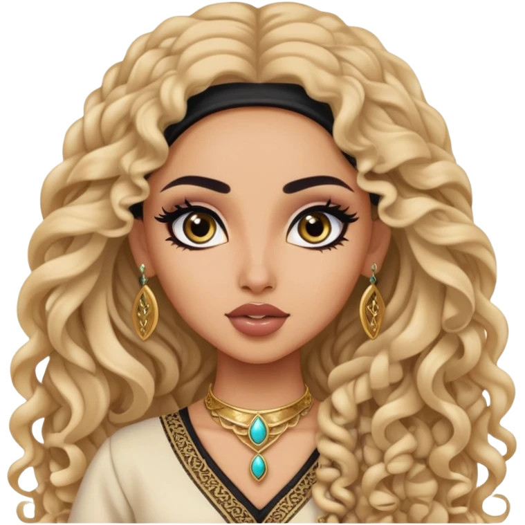 arabian nose, pretty lips, arab clothes, light skin,  long curly hair, pretty bratz baddie, black eyeliner emoji