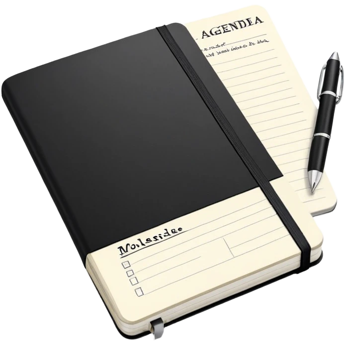 An open black Moleskine notebook with meeting agenda written at the top and clearly visible bullet points below emoji