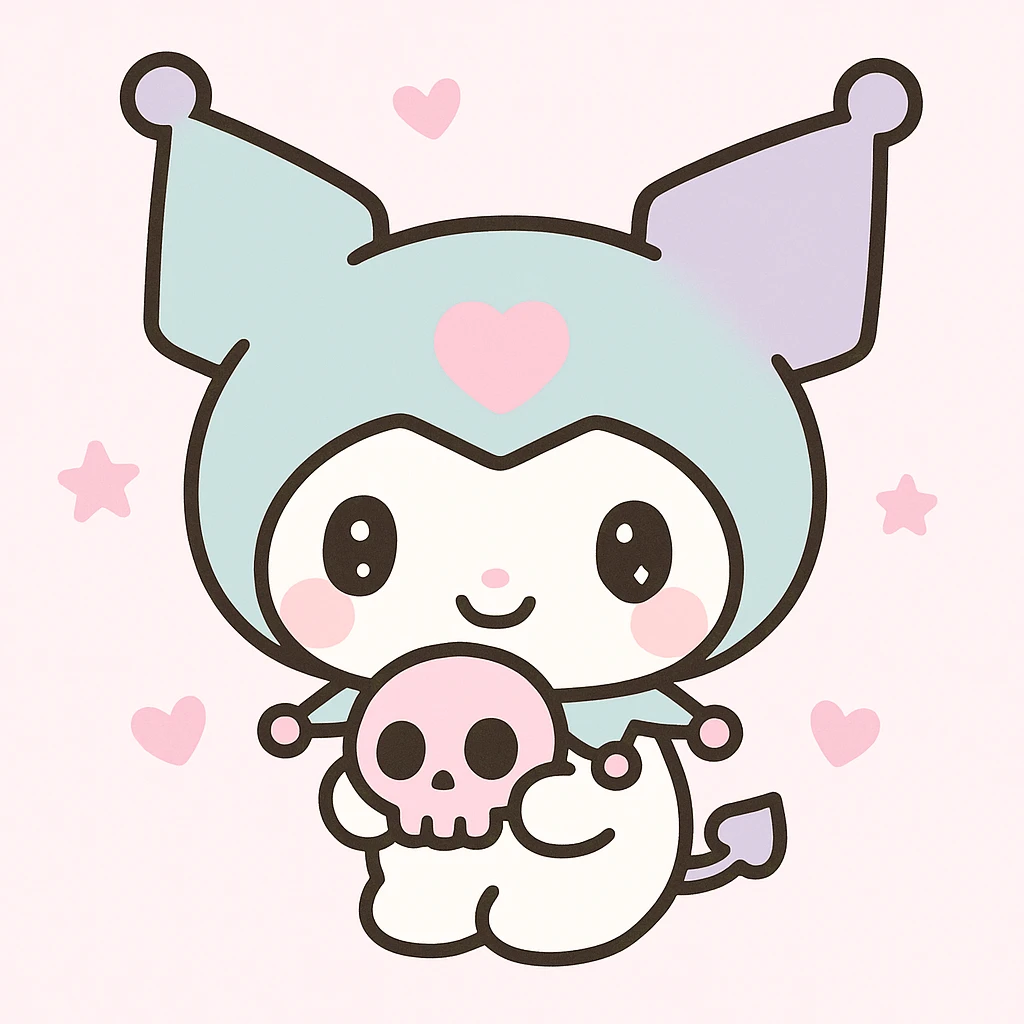 Kuromi character, kawaii style, holding a skull, pink accents emoji