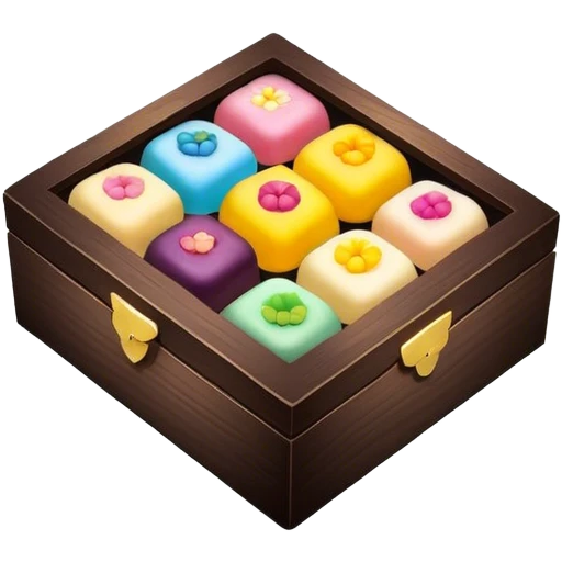 Dark wooden box of wagashi  emoji