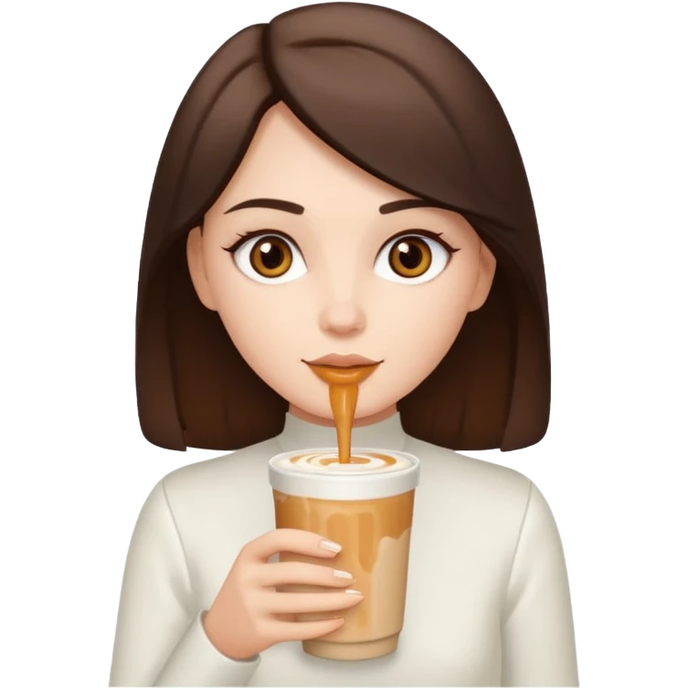 white brunette with brown eyes and a white outfit, drinking a caramel machiatto emoji