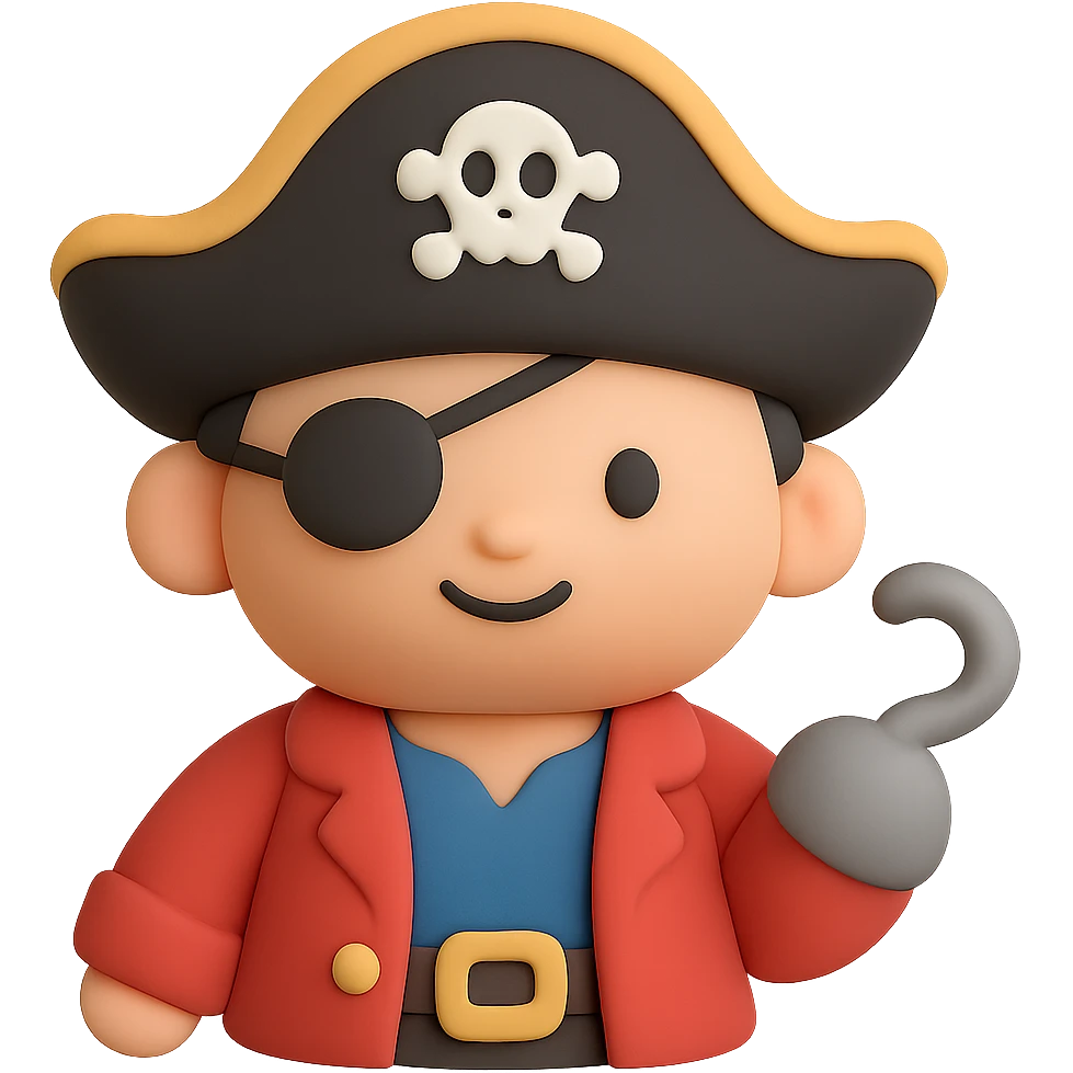 A cute pirate captain with eye patch, tricorn hat, and hook hand emoji