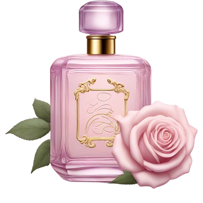 Aesthetic composition of soft pink roses with a vintage-style purple perfume bottle.
 emoji