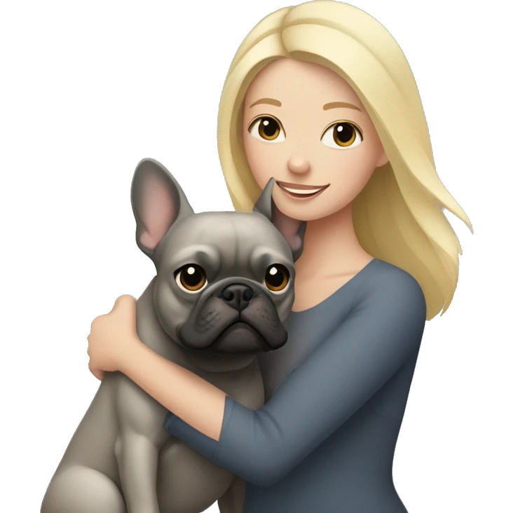 Blonde woman hugging dark gray french bulldog emoji