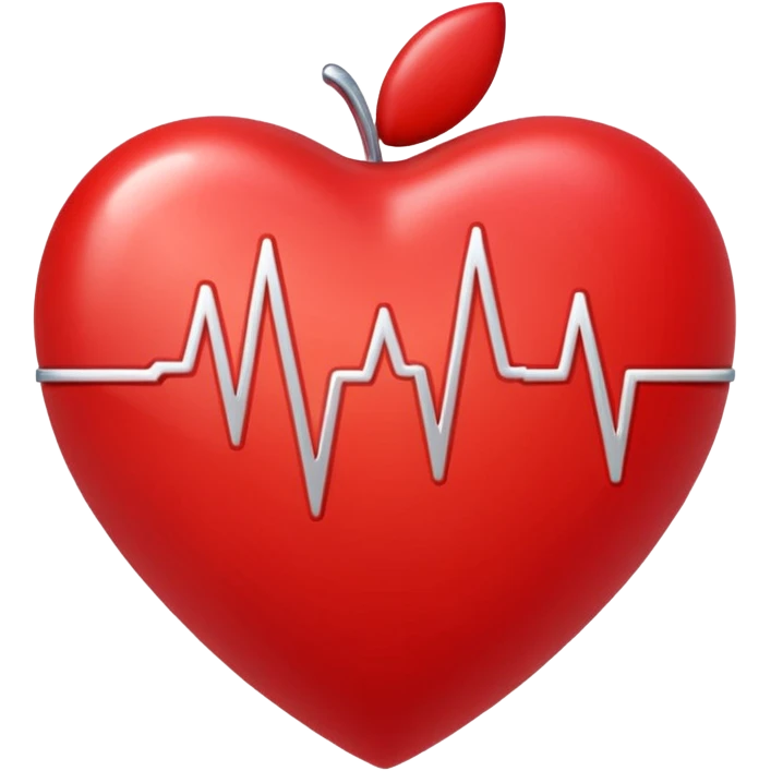 shiny red heart with thin white electrocardiogram (EKG) line in classic PQRST shape, soft gradients, glossy look, Apple iOS style emoji emoji