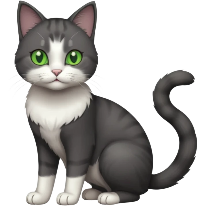 full body view of beautiful female solid dark grey cat with green eyes, white toes/paws and white patch on her chest emoji