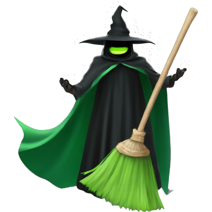 Broom Flying green witch with black big cape extending like a v shape emoji