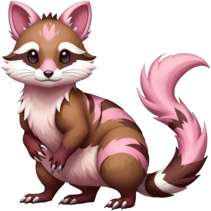 Rare realistic brown-scaled pink, white beige edgy badass epic pretty beautiful handsome gorgeous aesthetic colorful vibrant Vernid-Furret-Linoone-Amaura-species-Fakemon-creature by LiLaiRa, random markings, (full body) emoji