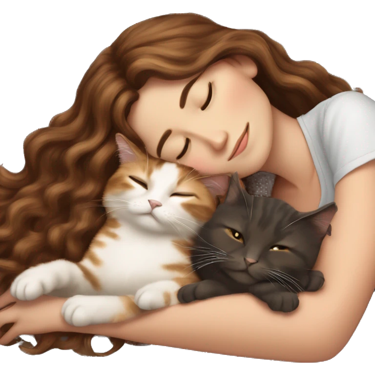 White Girl with long brown wavy hair napping with a tortoiseshell cat emoji