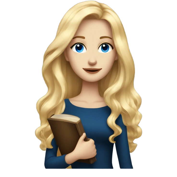 Beautiful skinny woman long blonde hair in dark dress with blue eyes gold earrings with book  emoji