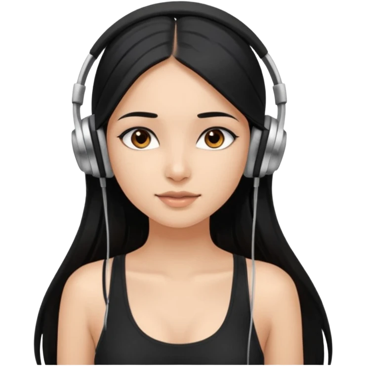 a fair indian girl with straight black long hair, wearing a black cami top. and wearing silver  headphones on emoji