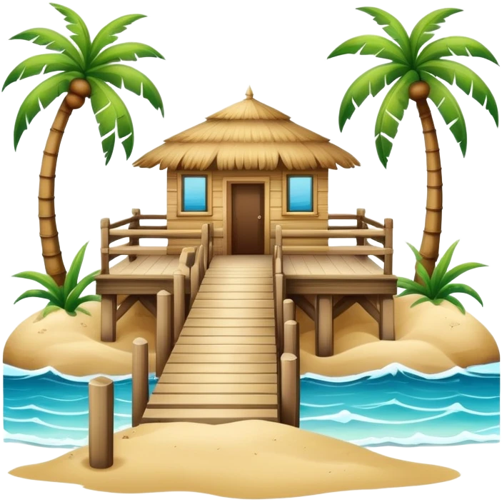 Ocean and beach scene with a pier with sand and palm trees emoji