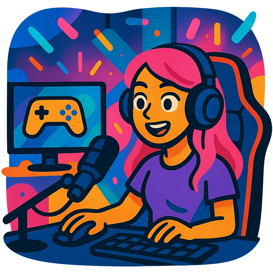 girl with pink hair, gaming chair, microphone, and colorful lights, streaming video games, vibrant and expressive emoji