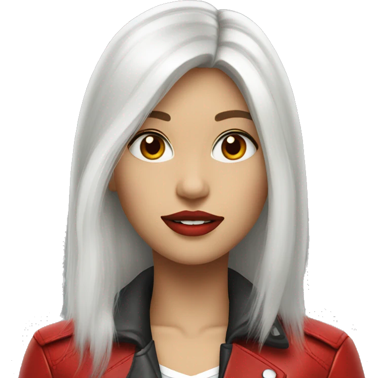 girl with long white hair with red eyes with red lipstick in a red leather jacket emoji