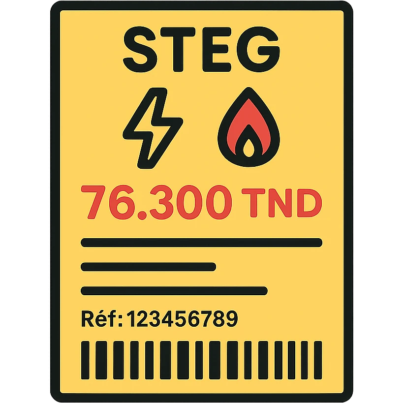 flat vector-style icon of a Tunisian STEG bill, bordered rectangle, text 'STEG' at the top, electricity (⚡) and gas (🔥) icons, amount due '76.300 TND', barcode at the bottom, reference line 'Réf: 123456789', horizontal lines for details, clean minimalist Tunisian color hints, no background emoji