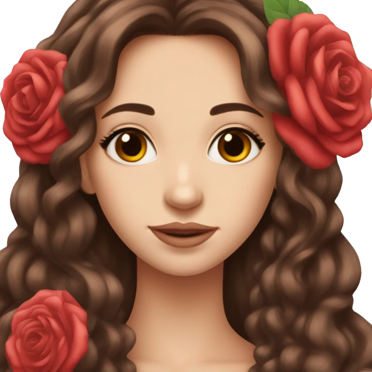 Beautiful, rose, red, flowers in hair, long dark brown hair, white fair skin emoji