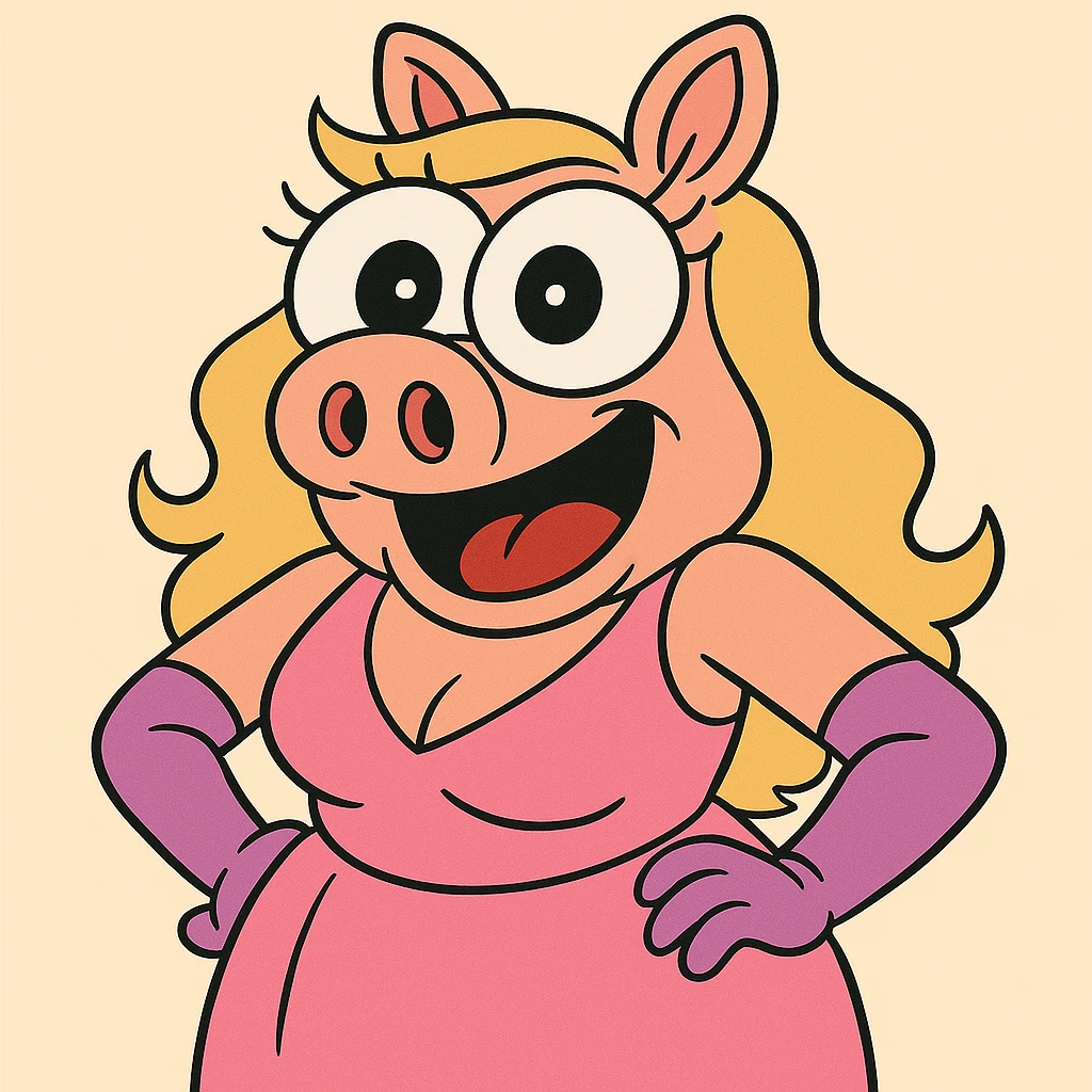 Make Miss Piggy's cross eyes even bigger in a cartoon style, wearing a pink dress, with exaggerated features. Emphasize cartoon style in the edit. emoji