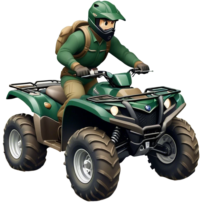 Yamaha Grizzly 700 (2019) – Cinematic-realistic Yamaha Grizzly 700 ATV, its dark green frame tearing through muddy trails. Thick off-road tires grip the rugged terrain emoji