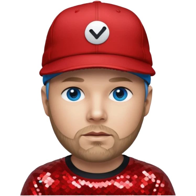 Fred Durst with blue eyes, dark blonde hair, red sequin shirt and cap emoji